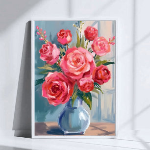 Rosenbouquet   Rote Blumenvase Aquarell Blumenkuns Poster