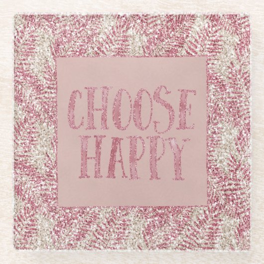 Rosencreme Glitzer Glitz Tropical Blätter Glasuntersetzer (Vorderseite)