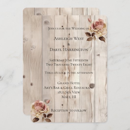 Rosencreme-Hochzeit aus weißem Holz Einladung (Vorne/Hinten)