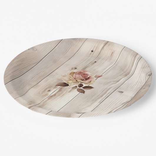 Rosencreme-Hochzeit aus weißem Holz Pappteller (Schrägansicht)