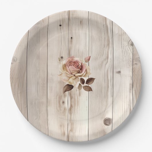 Rosencreme-Hochzeit aus weißem Holz Pappteller (Vorderseite)