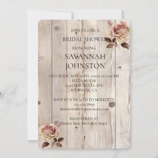 Rosencreme Weißholz Brautdusche Einladung (Vorderseite)