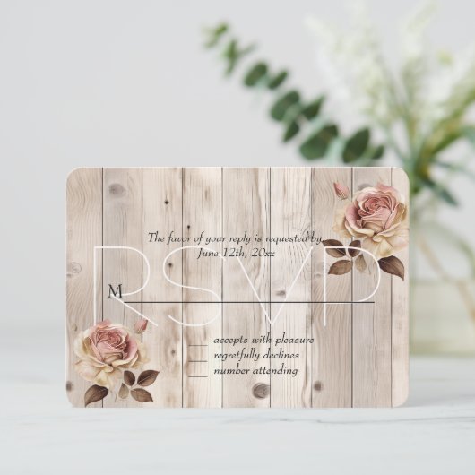 Rosencreme Weißholz Hochzeit RSVP Karte (Stehend Vorderseite)