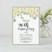Rosenflora Eukalyptus Grüne 90. Geburtstag Einladung (Stehend Vorderseite)