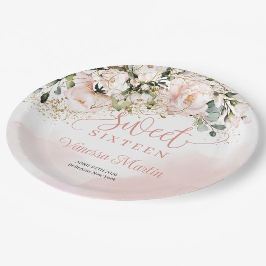 Rosengold Rosengold 16 . Geburtstag Pappteller (Schrägansicht)