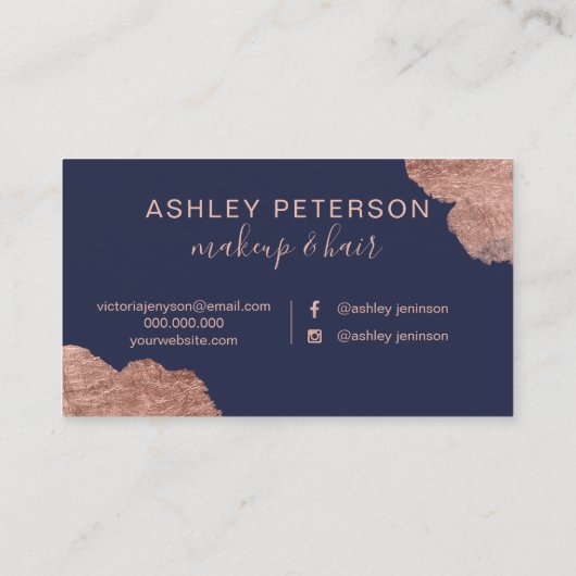 Rosengold streicht blaue Haarmake-uptypographie Visitenkarte (Rückseite)