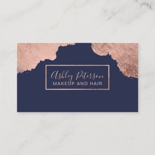 Rosengold streicht blaue Haarmake-uptypographie Visitenkarte (Vorderseite)