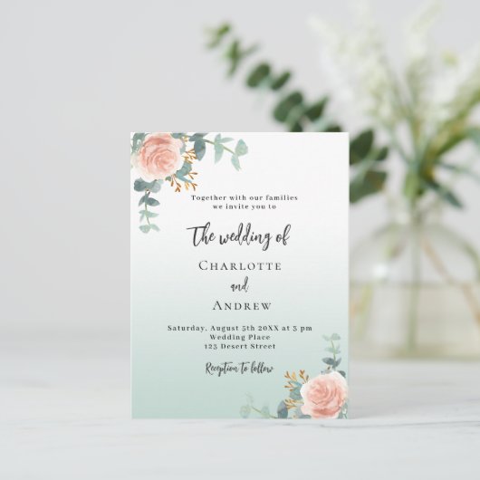 Rosengoldflorale Grüne Hochzeit Einladungspostkarte (Stehend Vorderseite)