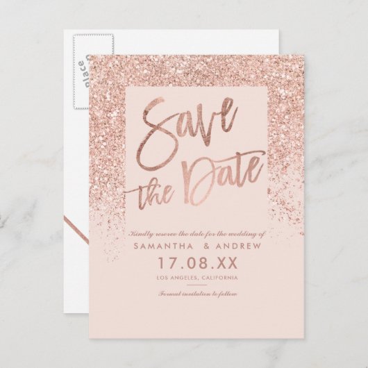 RosengoldGlitter Chic erröten Rosa Save the Date Ankündigungspostkarte (Vorne/Hinten)