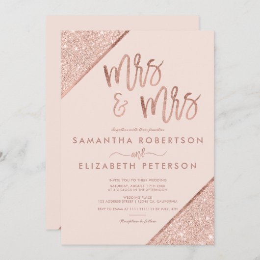 RosengoldGlitter erröten lesbische Hochzeit des Einladung (Vorne/Hinten)