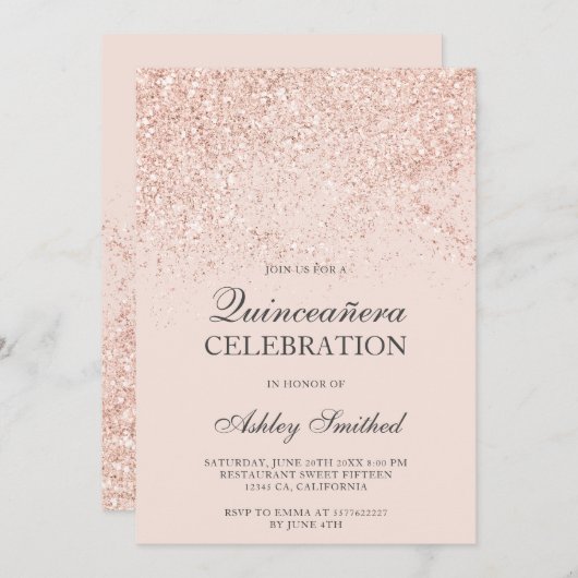 RosengoldGlitter-Glitzern erröten Chic Quinceañera Einladung (Vorne/Hinten)