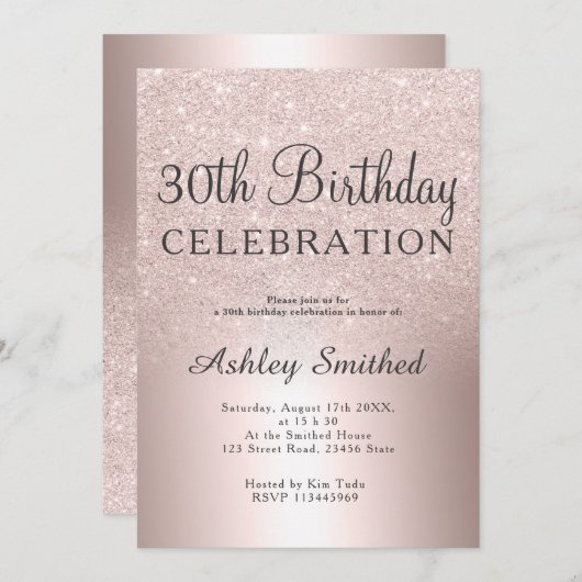RosengoldGlitter ombre metallischer 30. Geburtstag Einladung (Vorne/Hinten)