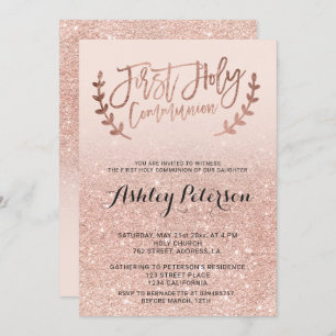 RosengoldImitat-Glitterrosa ombre erste Kommunion Einladung