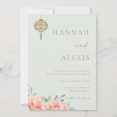 Rosengrün-blaue Blätter Chinesische Hochzeit Einladung (Vorderseite)