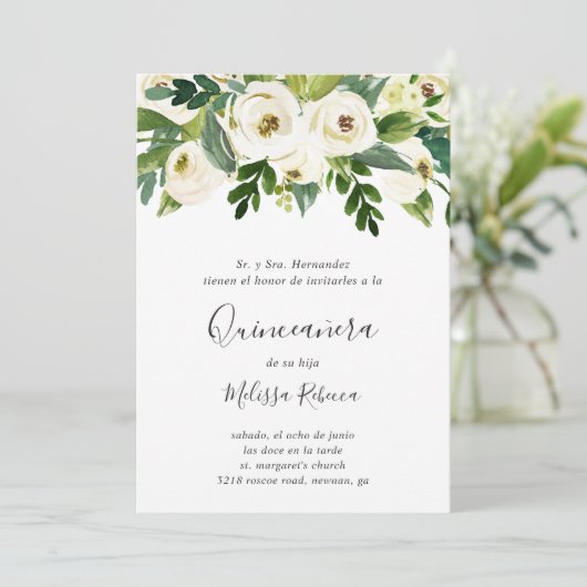 Rosengrün Blumengrün Elegant Quinceañera Einladung (Stehend Vorderseite)