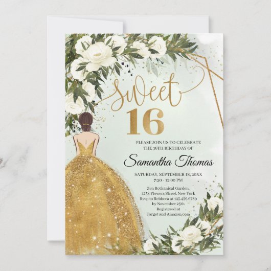 Rosengrün, goldfarbenes Kleid Einladung (Vorderseite)