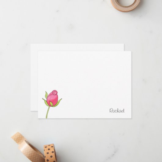 Rosenknospe-Note-Karte für rosa Farbe Mitteilungskarte (Vorderseite/Rückseite Beispiel)