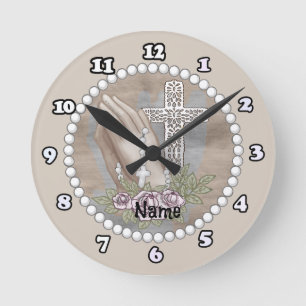 Rosenkranz-Uhr mit betenden Händen Runde Wanduhr