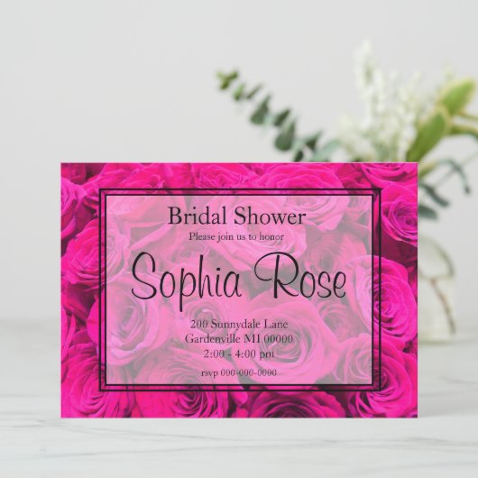 Rosenrosa Blume Rosa Blütengrün Einladung (Stehend Vorderseite)