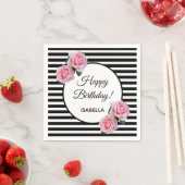 Rosenrosen auf Schwarz-weißen Streifen Happy Birth Serviette (Beispiel)