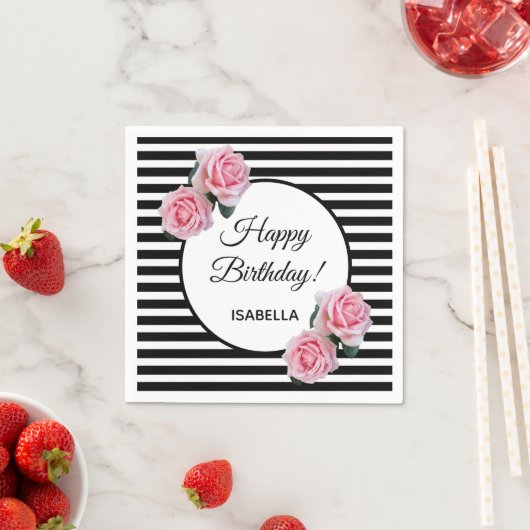 Rosenrosen auf Schwarz-weißen Streifen Happy Birth Serviette (Beispiel)