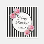 Rosenrosen auf Schwarz-weißen Streifen Happy Birth Serviette (Vorderseite)