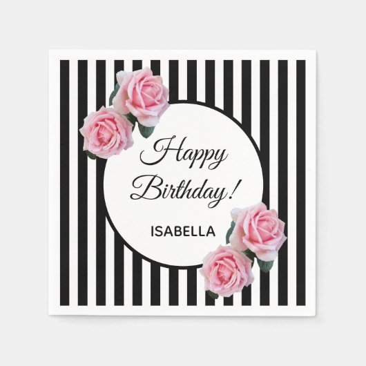 Rosenrosen auf Schwarz-weißen Streifen Happy Birth Serviette (Vorderseite)