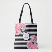 Rosenrosen Blume Schwarz-weiße Streifen Monogramm Tasche (Vorderseite)