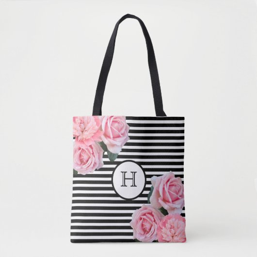 Rosenrosen Blume Schwarz-weiße Streifen Monogramm Tasche (Vorderseite)