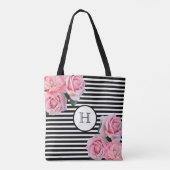 Rosenrosen Blume Schwarz-weiße Streifen Monogramm Tasche (Rückseite)