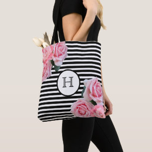Rosenrosen Blume Schwarz-weiße Streifen Monogramm Tasche