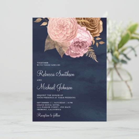 Rosenrosen Erdnüsse Bläsernische Marine Einladung (Stehend Vorderseite)