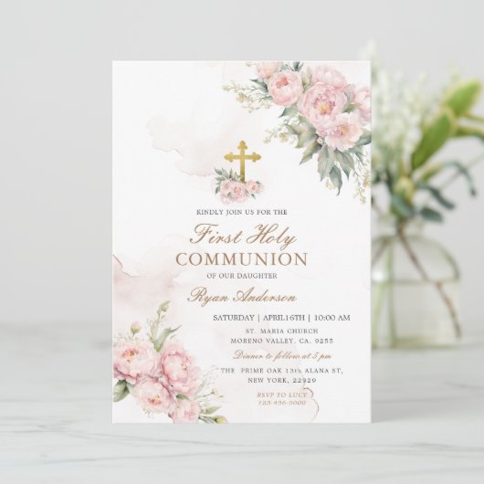 Rosenrosen Erstkommunion Einladung (Stehend Vorderseite)