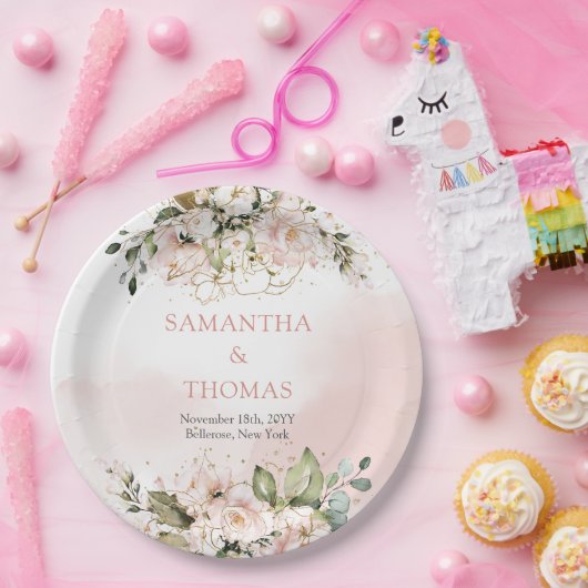 Rosenrosen Eukalyptus-Grüngold Pappteller (Party)