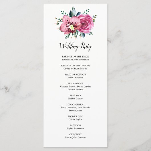 Rosenrosen Hochzeitsfeier Programm (Rückseite)