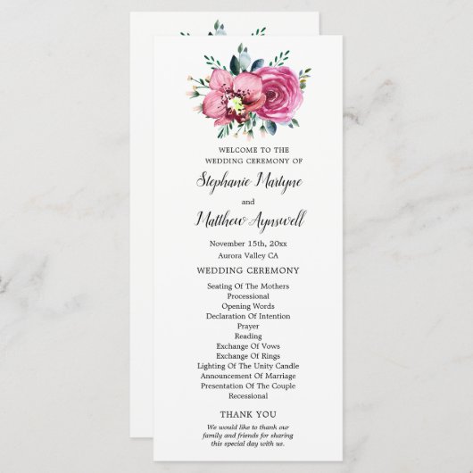 Rosenrosen Hochzeitsfeier Programm (Vorne/Hinten)