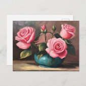 Rosenrosen in blauer Vase Stillleben Illustration Postkarte (Vorne/Hinten)