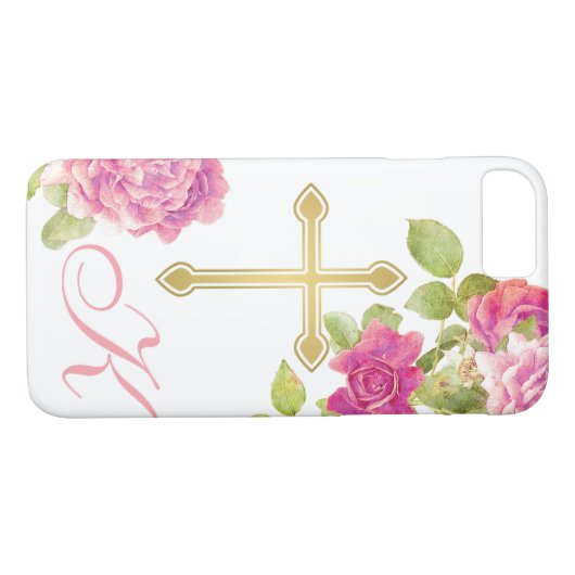Rosenrosen, Mit Monogramm Kreuz, Christlich Case-Mate iPhone Hülle (Rückseite (Horizontal))