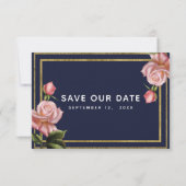 Rosenrosen Navy Blue & Gold Modern Save the Date Einladung (Rückseite)