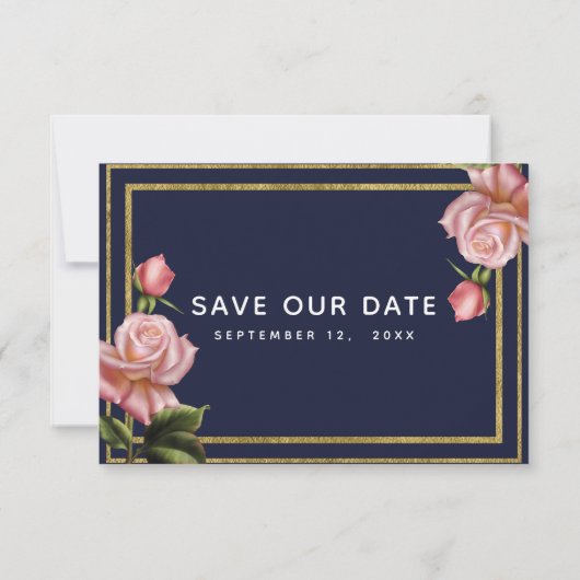 Rosenrosen Navy Blue & Gold Modern Save the Date Einladung (Rückseite)