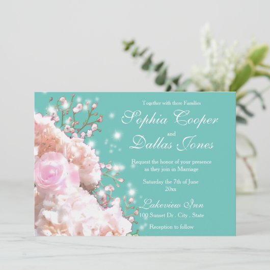 Rosenrosen, rosa Hydrangeas Einladung (Stehend Vorderseite)