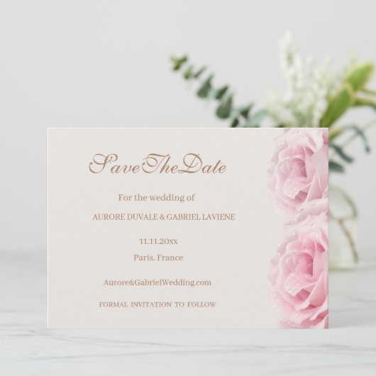 Rosenrosen Rosen Elfenbeingold Save the Date Hochz Einladung (Stehend Vorderseite)