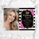 Rosenrosen Schwarz-weiß Stripes Foto 50. Geburtsta Einladung<br><div class="desc">Elegante florale feminine 50. Geburtstagseinladung mit Ihrem Foto. Glam Schwarz-weiß rosa Design mit Imitaten Glitzer Gold. Es gibt schwarz-weiße Streifen, rot-rosa Rosen, Skript-Schriftart und Konfetti. Ideal für ein stilvolles Party für Erwachsene. Personalisieren Sie Ihre persönlichen Daten. Kann für jedes Alter angepasst werden! Gedruckte Zazzle Einladungen oder Sofortdownload digitalen druckbaren Vorlage....</div>