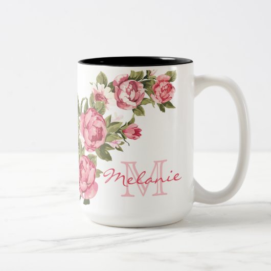 Rosenrosen, Vintag, Rosa Rose, Name der Peonies, M Zweifarbige Tasse (Rechts)