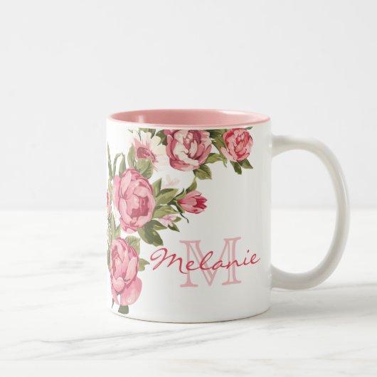 Rosenrosen, Vintag, Rosa Rose, Name der Peonies, M Zweifarbige Tasse (Rechts)