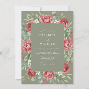 Rosenröte Botanische Romanze Hochzeit Einladung