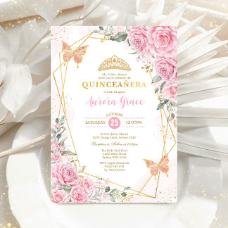 Rosenschmetterling Quinceañera Gold Geometrie in Einladung
