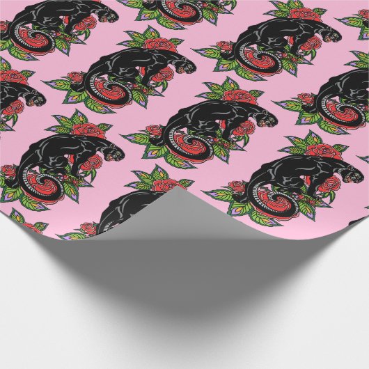 Rosenschwarzer Panther und blühende Rose Geschenkpapier (Ecke)