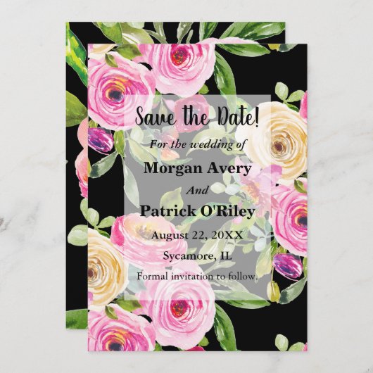 Rosensteine in Aquarellfarbe Save the Date schwarz Einladung (Vorne/Hinten)