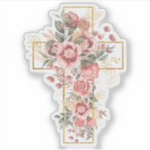 Rosenstrahlen mit goldfarbenem Kreuz Aufkleber (Vorderseite)